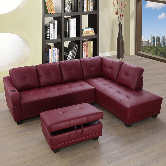 Red Synthetic Leather 3-Piece L-Shaped Living Room Sectional Sofa Set