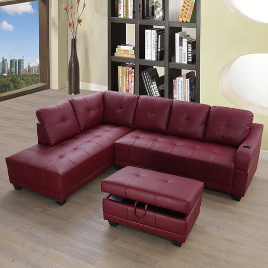 Red Synthetic Leather 3-Piece L-Shaped Living Room Sectional Sofa Set