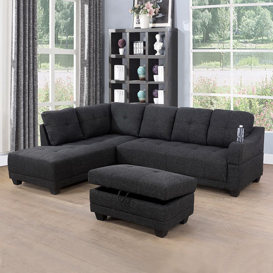 Black Grey Linen 3-Piece L-Shaped Living Room Sectional Sofa Set