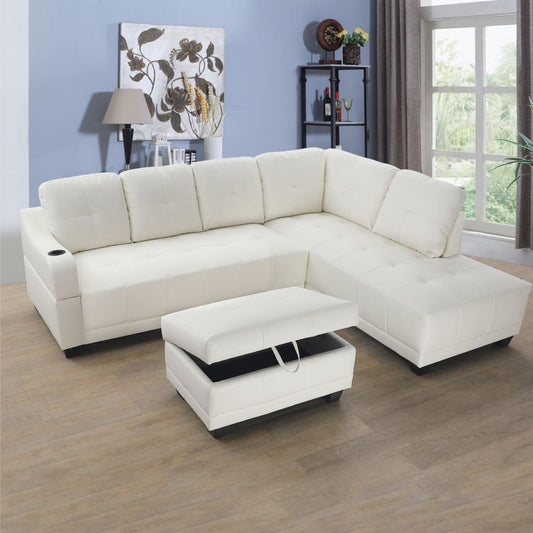 White Synthetic Leather 3-Piece L-Shaped Living Room Sectional Sofa Set