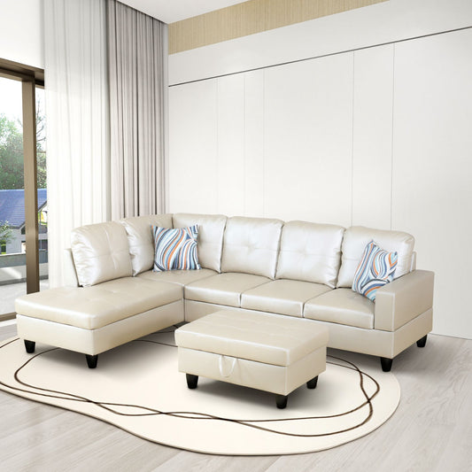 Golden Coast Light Grey Synthetic Leather L-Shaped Living Room Sectional Sofa Set