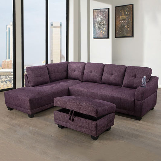 Amaranth Linen 3-Piece L-Shaped Living Room Sectional Sofa Set