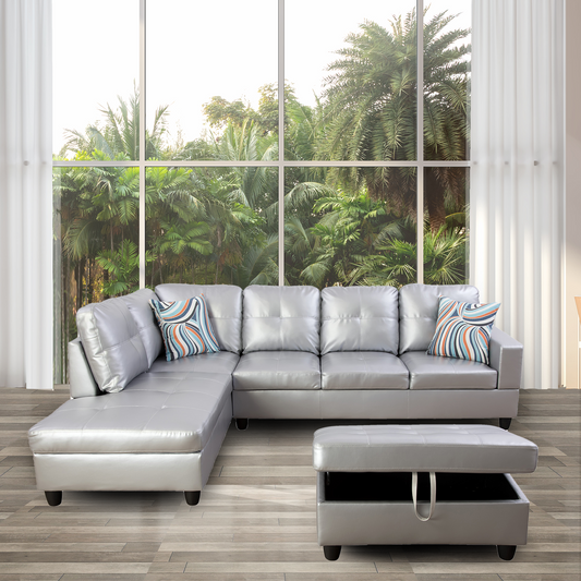 Golden Coast Silver White Semi PU Synthetic Leather L-Shaped Living Room Sofa Set