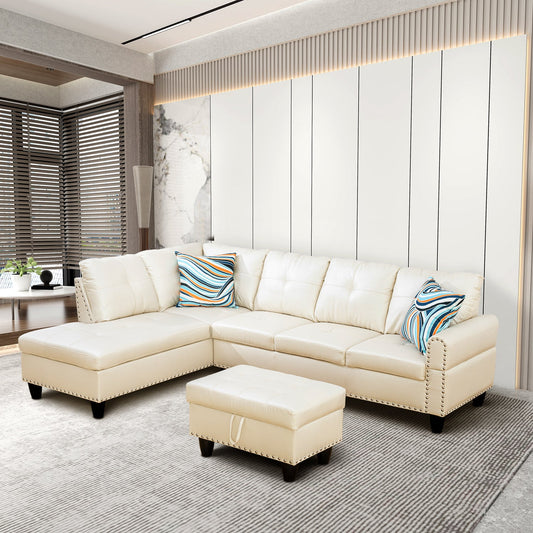 Golden Coast White Faux Leather L-Shaped Living Room Sectional Sofa Set