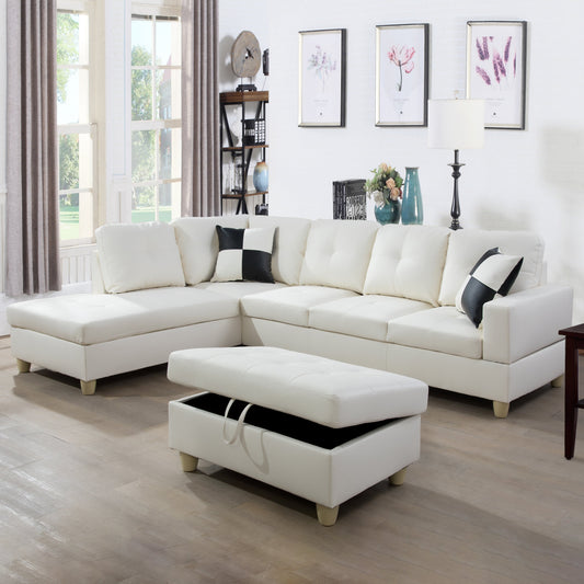 Golden Coast White Faux Leather L-Shaped Living Room Sectional Sofa Set