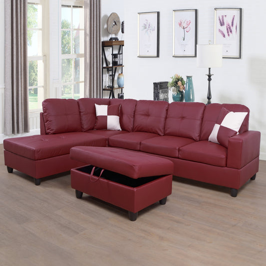 Golden Coast Red Faux Leather L-Shaped Living Room Sectional Sofa Set