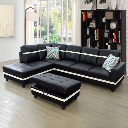 Golden Coast Black And White Synthetic Leather L-Shaped Living Room Sectional Sofa Set