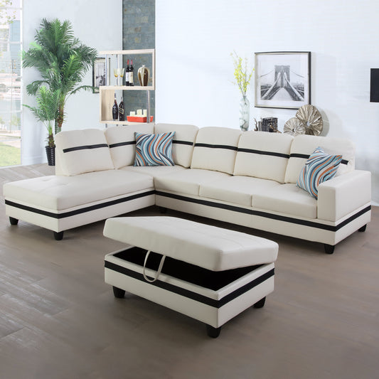 Golden Coast White And Black Synthetic Leather L-Shaped Living Room Sectional Sofa Set