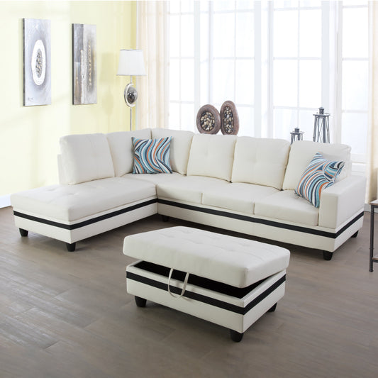 Golden Coast White And Black Synthetic Leather L-Shaped Living Room Sectional Sofa Set