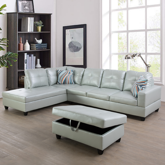 Golden Coast Silver Green Semi PU Synthetic Leather L-Shaped Living Room Sofa Set