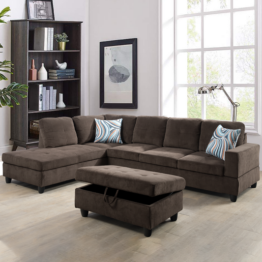 Golden Coast Brown L-Shape Corduroy Fabric Combo Sofa Set