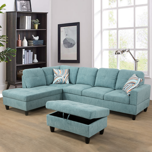 Golden Coast Seafoam Green L-Shape Flannelette Fabric Combination Sofa Set