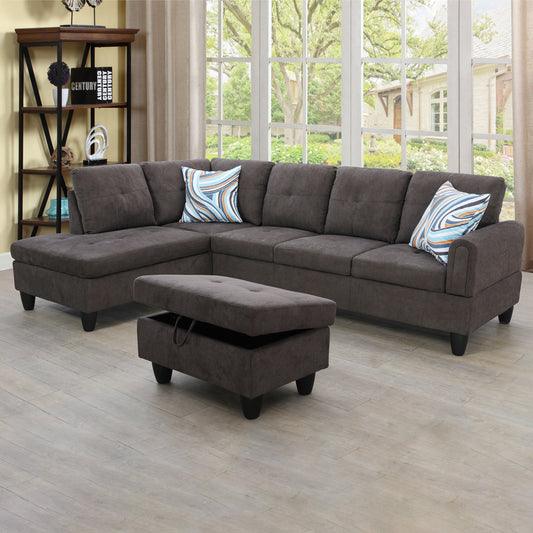 Golden Coast Dark Brown Flannel L-Shaped Living Room Sectional Sofa Set