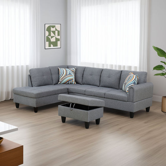 Golden Coast Grey Linen L-Shaped Living Room Sectional Sofa Set