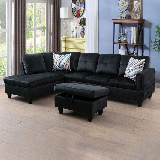 Golden Coast Black Flannel L-Shaped Living Room Sectional Sofa Set