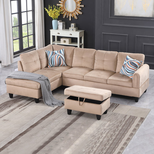 Golden Coast Beige Flannel L-Shaped Living Room Sectional Sofa Set