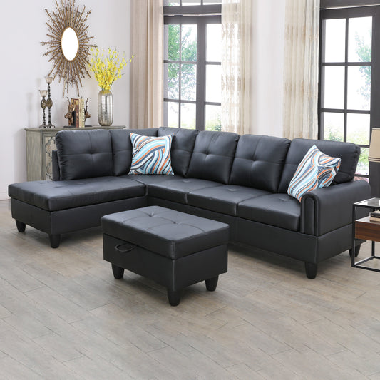 Golden Coast Black Faux Leather L-Shaped Living Room Sectional Sofa Set