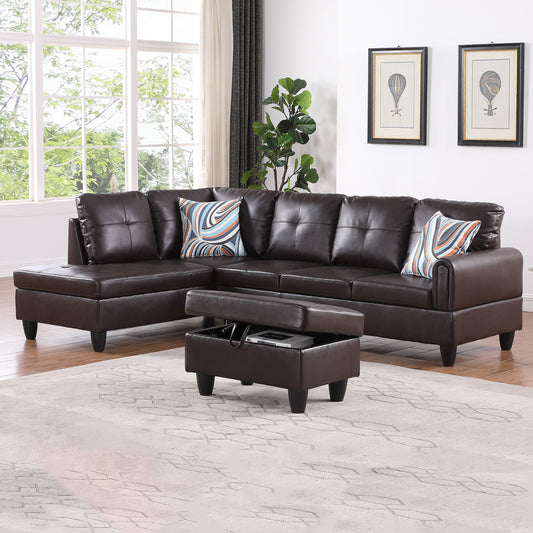 Golden Coast Brown Faux Leather L-Shaped Living Room Sectional Sofa Set