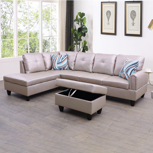 Golden Coast Latte Faux Leather L-Shaped Living Room Sectional Sofa Set