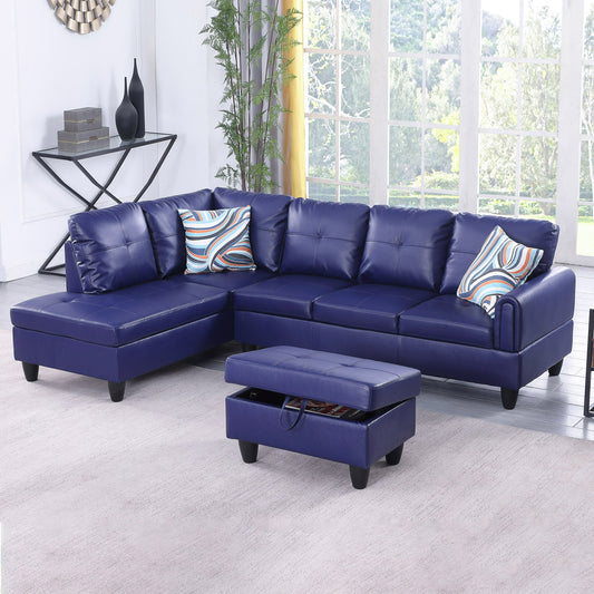 Golden Coast Blue Faux Leather L-Shaped Living Room Sectional Sofa Set