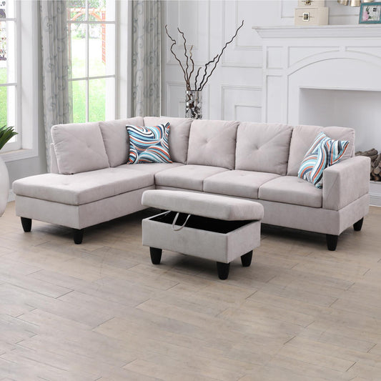 Golden Coast Grey White Flannelette L-Shaped Living Room Sofa Set