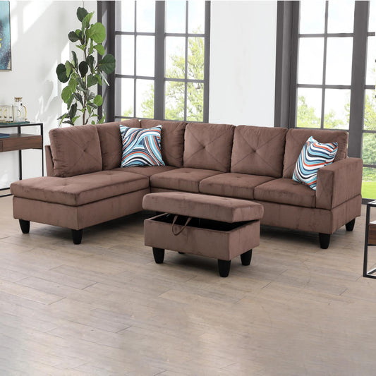 Golden Coast Brown Corduroy L-Shaped Living Room Sectional Sofa Set