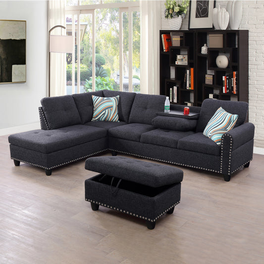 Golden Coast Black Grey Linen L-Shaped Living Room Sectional Sofa Set