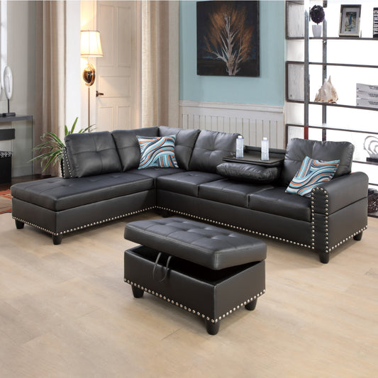 Golden Coast Black Synthetic Leather L-Shaped Living Room Sectional Sofa Set