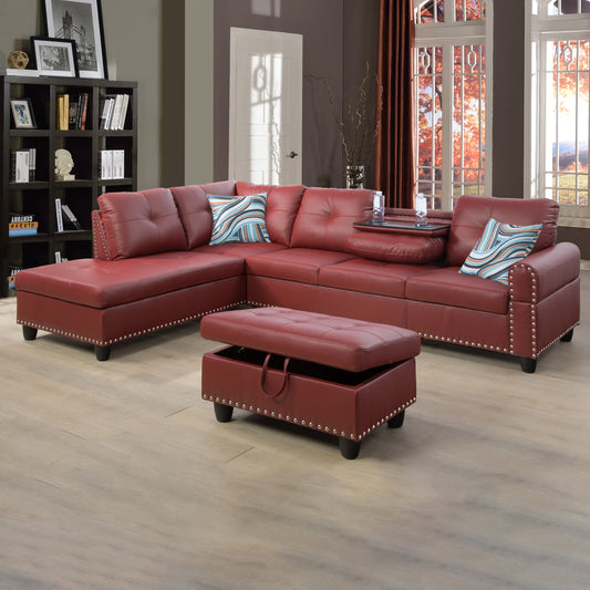 Golden Coast Red Synthetic Leather L-Shaped Living Room Sectional Sofa Set