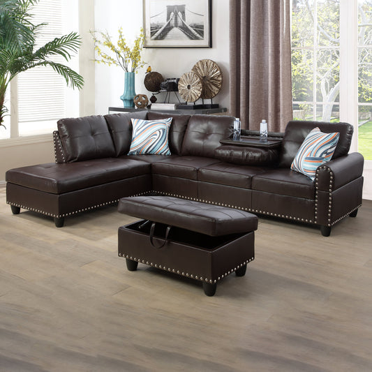 Golden Coast Brown Synthetic Leather L-Shaped Living Room Sectional Sofa Set