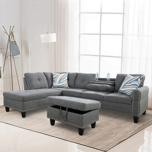 Golden Coast Grey Linen L-Shaped Living Room Sectional Sofa Set