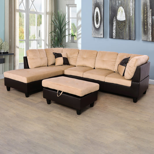 Golden Coast Beige and Brown Lint L-Shaped Living Room Sectional Sofa Set