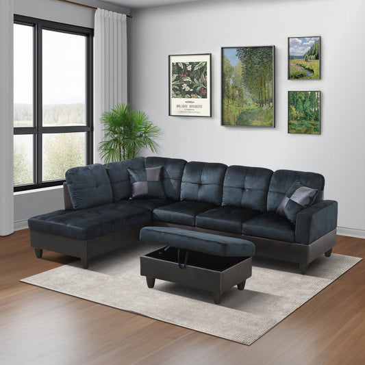 Golden Coast Dark Blue And Brown Lint L-Shaped Living Room Sectional Sofa Set