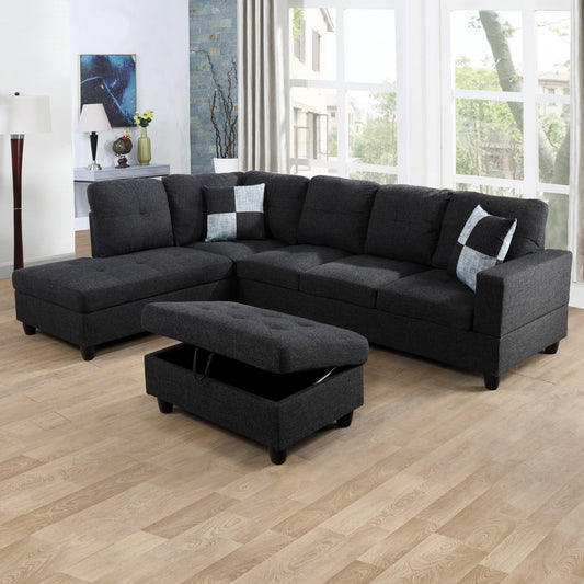 Golden Coast Black Grey Linen L-Shaped Living Room Sectional Sofa Set